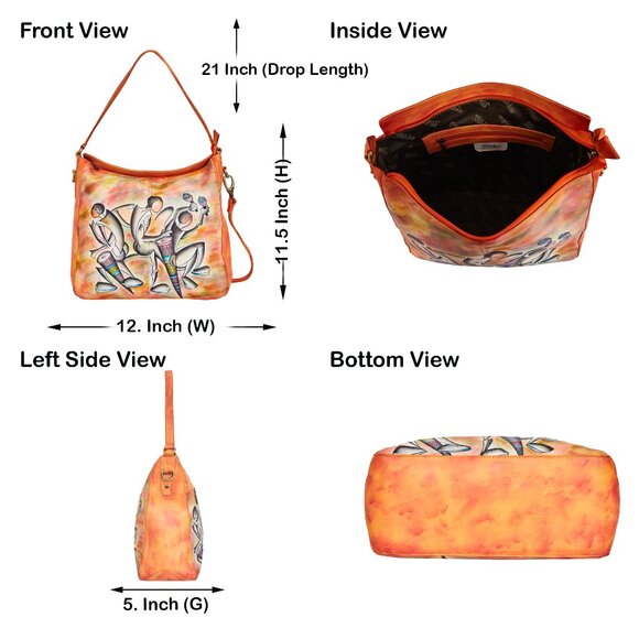 Ladies Hand-Painted Leather Orange Shoulder Tote Bag | Crossbody Sling Bag - Picture 2 of 9